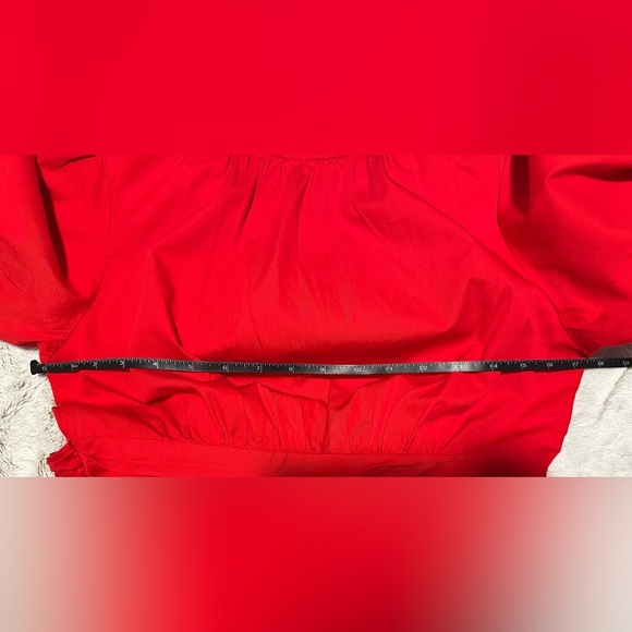 Free Assembly Red Cotton Bow Wrap Around Tie Midi Dress with Puff Sleeves - Picture 13 of 14